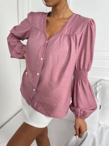 SHEIN Essnce 打褶燈籠袖褶皺面料襯衫 - 藕粉色 - 查看 4