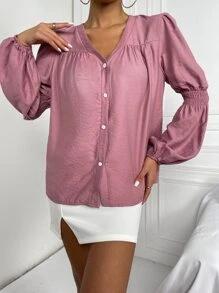 SHEIN Essnce 打褶燈籠袖褶皺面料襯衫 - 藕粉色 - 查看 5