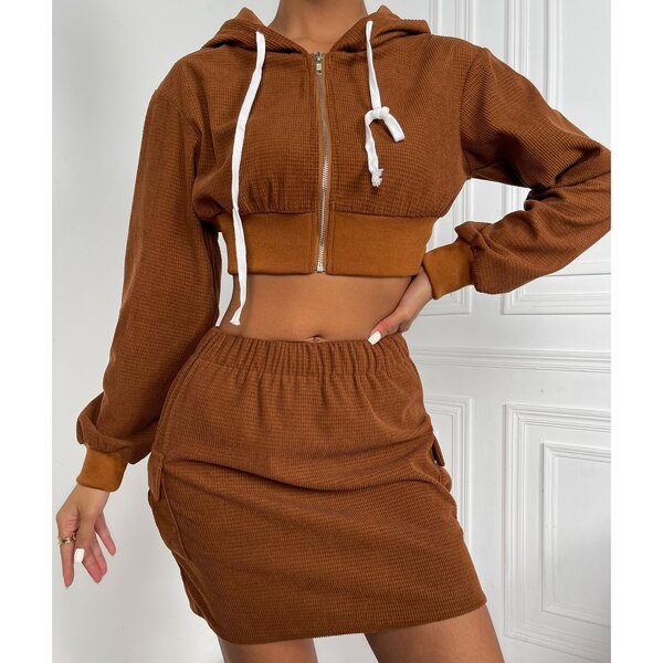 

Zip Up Crop Drawstring Hoodie & Flap Pocket Skirt, Rust brown