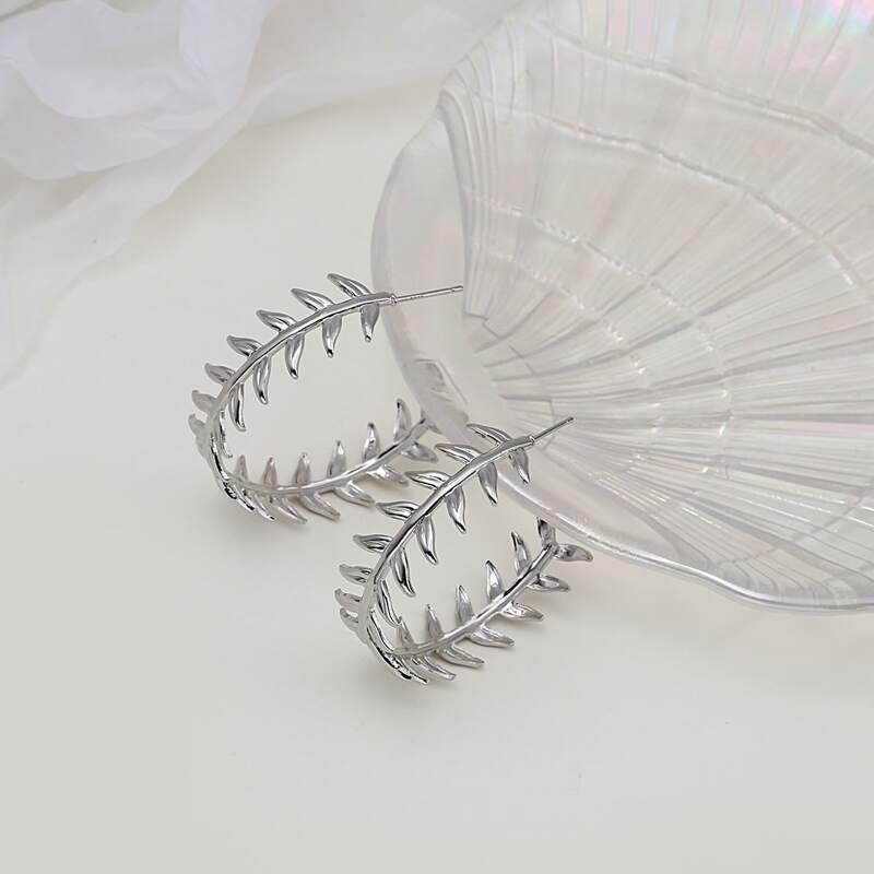 

Leaf Design Hoop Earrings, Silver