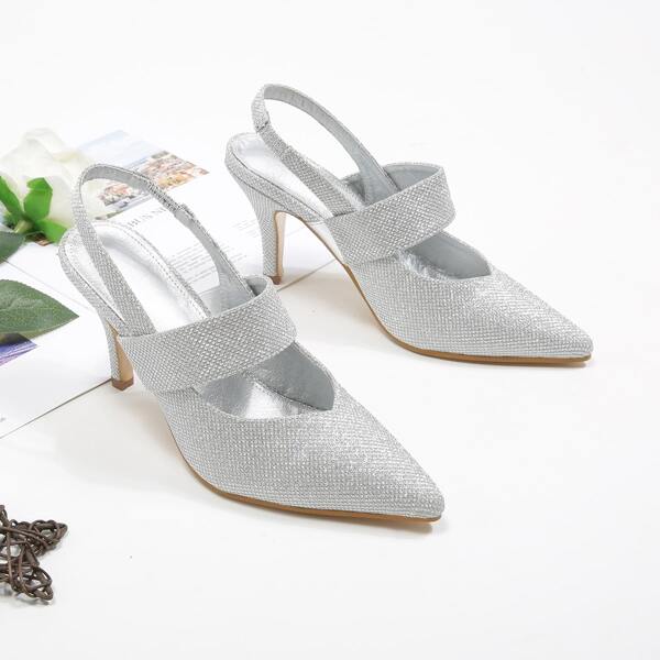 

Glitter Point Toe Stiletto Heeled Slingback Pumps, Silver