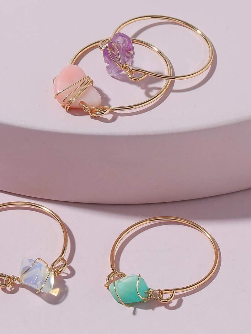 

4pcs Stone Decor Ring, Gold