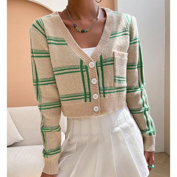 

Plaid Pattern Pocket Patched Cardigan, Apricot
