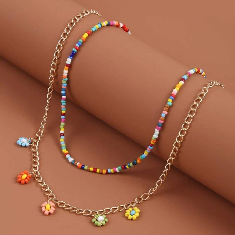 

2pcs Floral Beaded Necklace, Multicolor