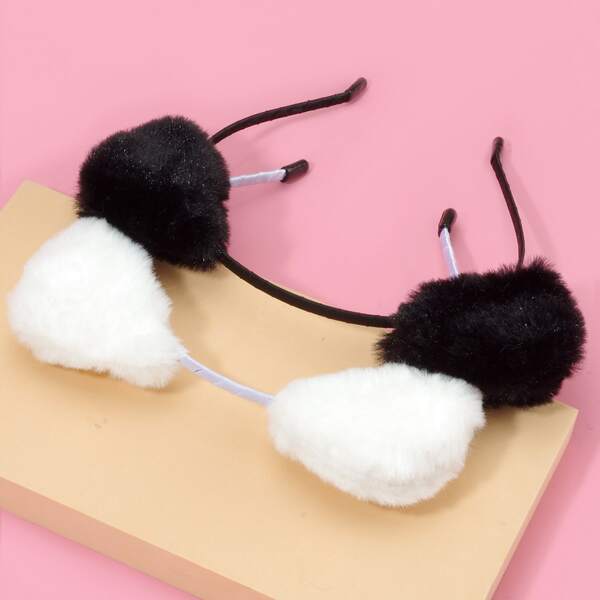 

2pcs Toddler Girls Fuzzy Ear Decor Headband, Black and white