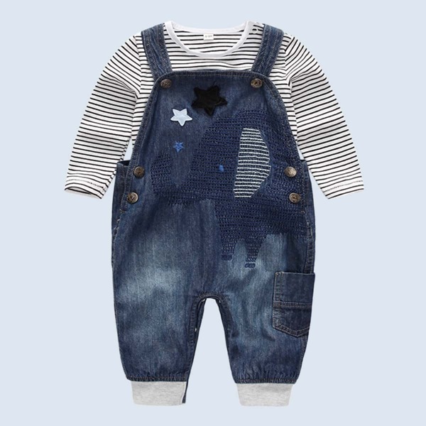 

Baby Striped Contrast Binding Bodysuit & Star Patched Elephant Pattern Denim Overalls, Multicolor