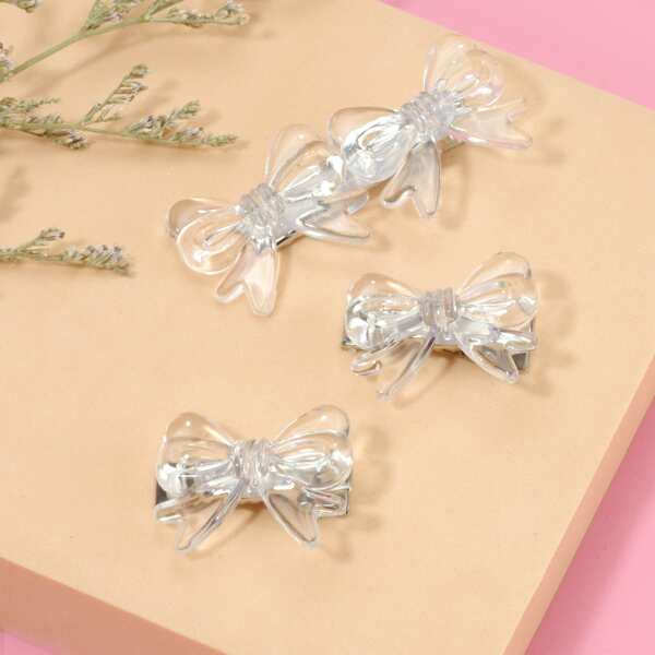 

3pcs Toddler Girls Bow Decor Hair Clip, Clear