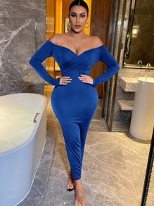 SHEIN SXY Solid Off Shoulder Bodycon Dress - Royal Blue - View 3