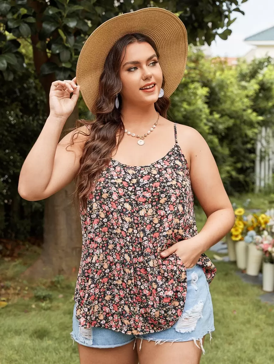 SHEIN VCAY 大碼小碎花弧形下擺吊帶上衣 - 彩色 - 查看 1