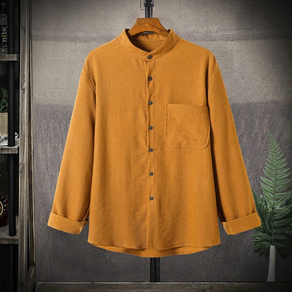 

Men Pocket Front Drop Shoulder High Low Corduroy Shirt, Mustard yellow