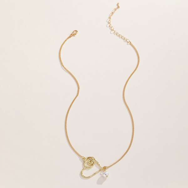 

Heart & Faux Pearl Decor Necklace, Gold