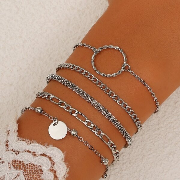 

5pcs Round Charm Bracelet, Silver