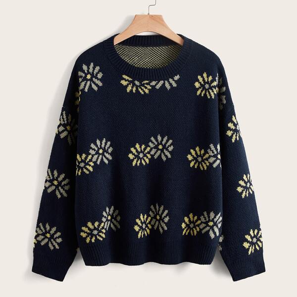 

Plus Floral Pattern Drop Shoulder Sweater, Navy blue