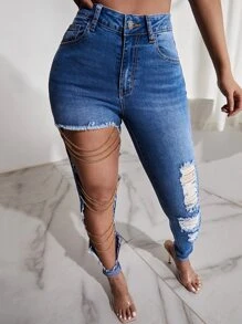 SHEIN SXY High Waist Ripped Chain Detail Jeans - Medium Wash - View 1