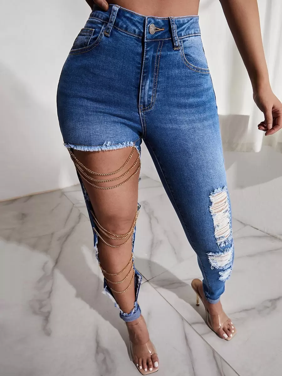 SHEIN SXY High Waist Ripped Chain Detail Jeans - Medium Wash - View 1