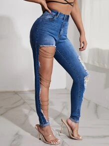 SHEIN SXY High Waist Ripped Chain Detail Jeans - Medium Wash - View 3