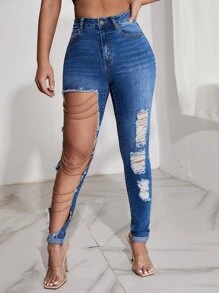 SHEIN SXY High Waist Ripped Chain Detail Jeans - Medium Wash - View 4