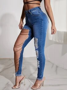 SHEIN SXY High Waist Ripped Chain Detail Jeans - Medium Wash - View 6