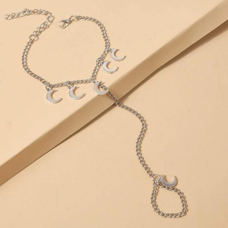 

Moon Decor Bracelet With Chain Ring, Silver