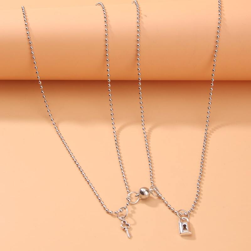 

2pcs Lock & Key Pendant Necklace, Silver