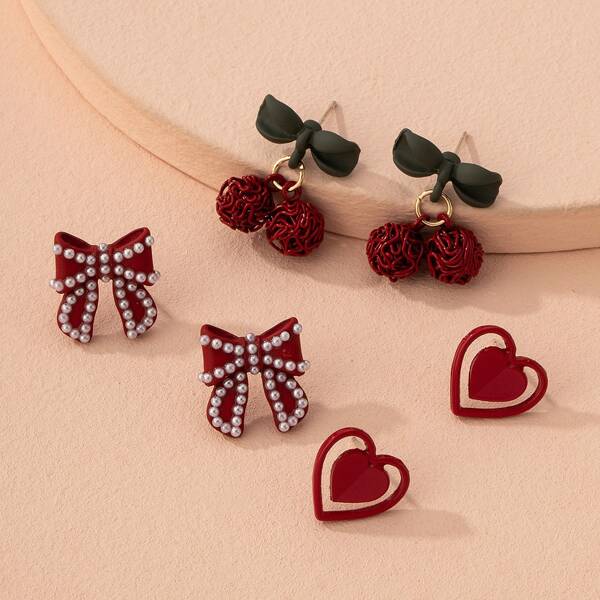

3pairs Bow & Cherry Design Earrings, Multicolor