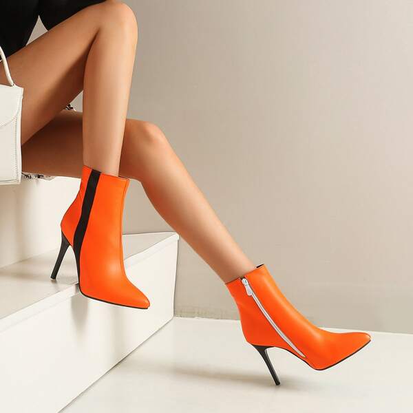 

Point Toe Stiletto Heeled Side Zipper Boots, Orange