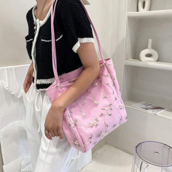 

Large Floral Pattern Shoulder Tote Bag, Pink
