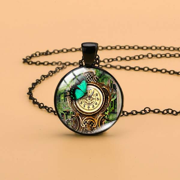 

Butterfly Print Round Charm Necklace, Multicolor