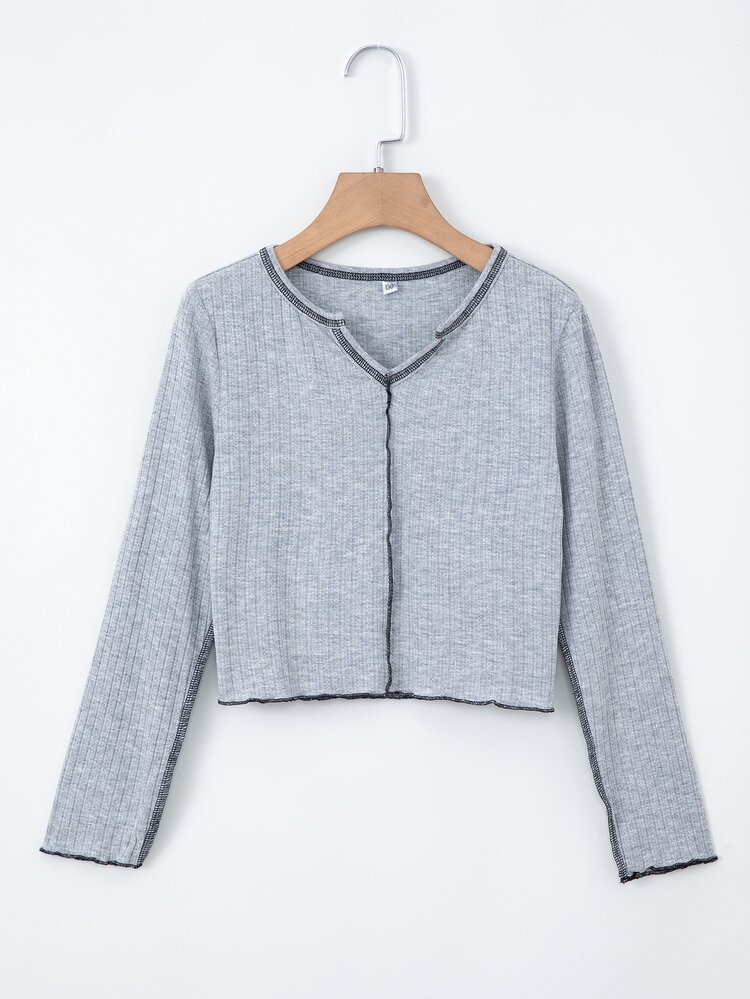 Girls Notched Neckline Top-stitching Tee - Grey - View 1