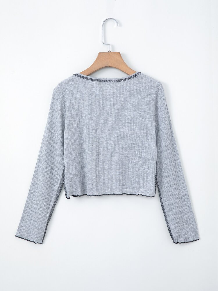 Girls Notched Neckline Top-stitching Tee - Grey - View 2