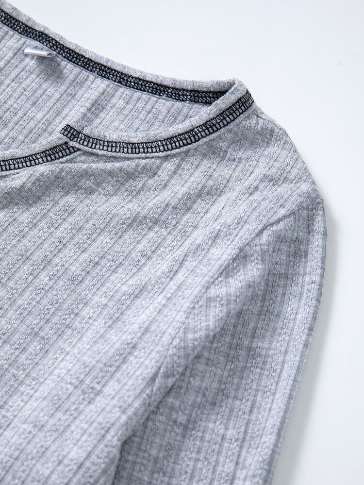Girls Notched Neckline Top-stitching Tee - Grey - View 3