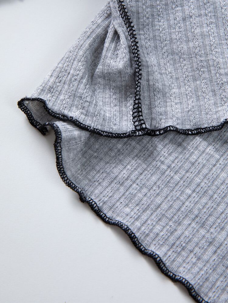 Girls Notched Neckline Top-stitching Tee - Grey - View 5