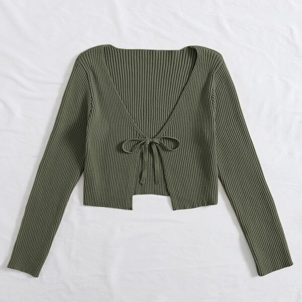 

Tie Front Rib-knit Cardigan, Dark grey