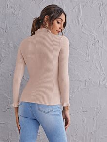 SHEIN Clasi Frill Mock Neck Rib-knit Slim Sweater - Baby Pink - View 2