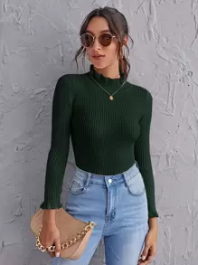 SHEIN Clasi Frill Mock Neck Rib-knit Slim Sweater - Dark Green - View 1