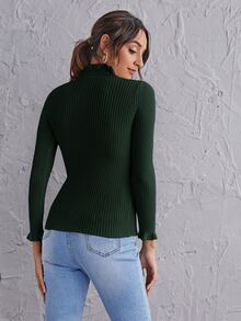 SHEIN Clasi Frill Mock Neck Rib-knit Slim Sweater - Dark Green - View 2