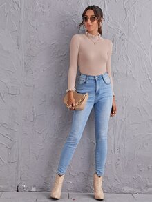 SHEIN Clasi Frill Mock Neck Rib-knit Slim Sweater - Baby Pink - View 5