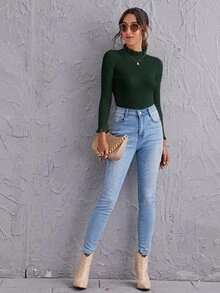 SHEIN Clasi Frill Mock Neck Rib-knit Slim Sweater - Dark Green - View 3