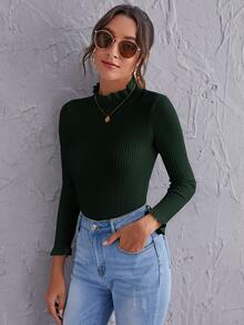 SHEIN Clasi Frill Mock Neck Rib-knit Slim Sweater - Dark Green - View 5