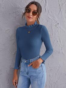 SHEIN Clasi Frill Mock Neck Rib-knit Slim Sweater - Dusty Blue - View 4