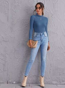 SHEIN Clasi Frill Mock Neck Rib-knit Slim Sweater - Dusty Blue - View 5