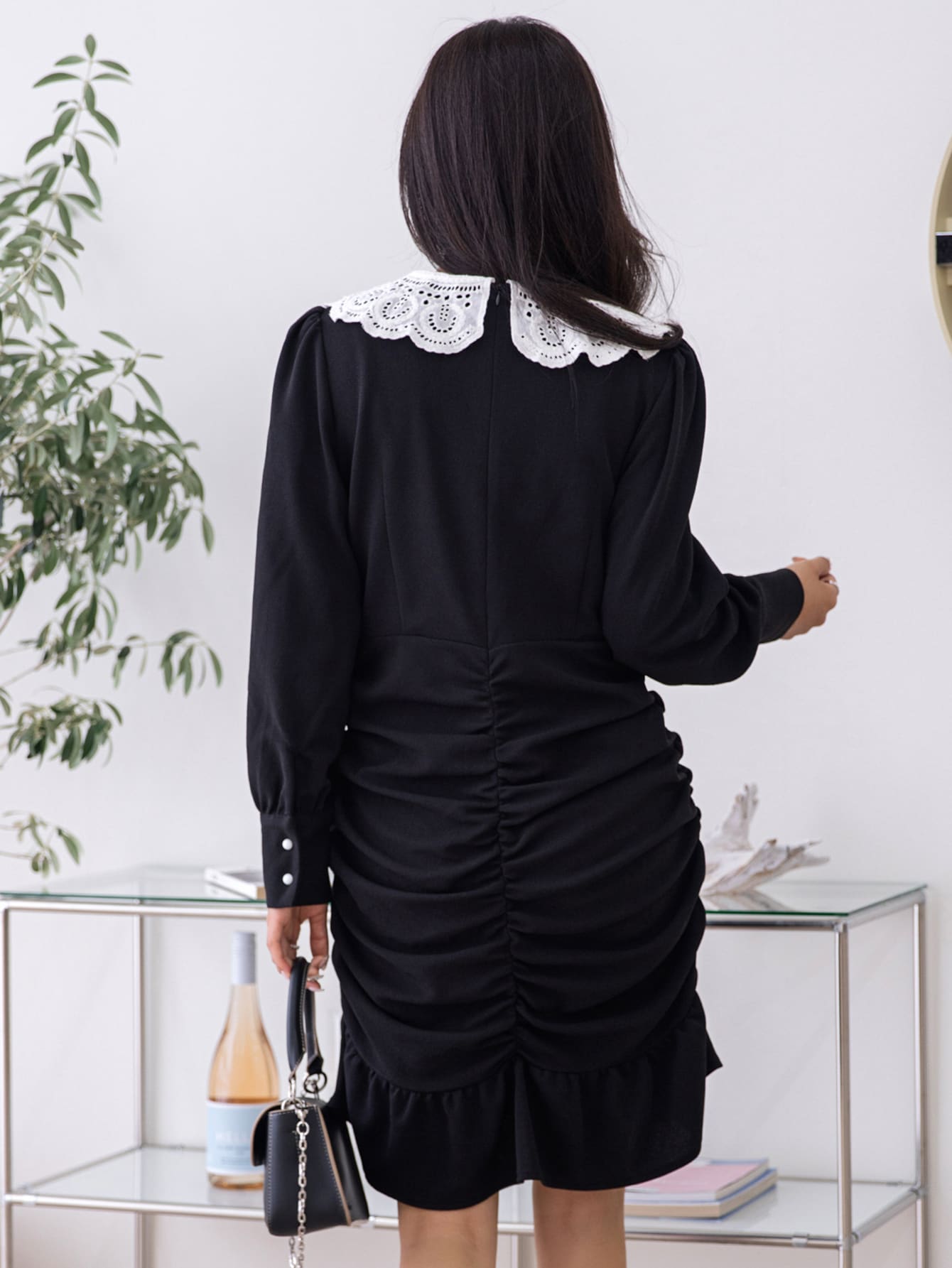 Eyelet Embroidery Ruched Ruffle Hem Dress