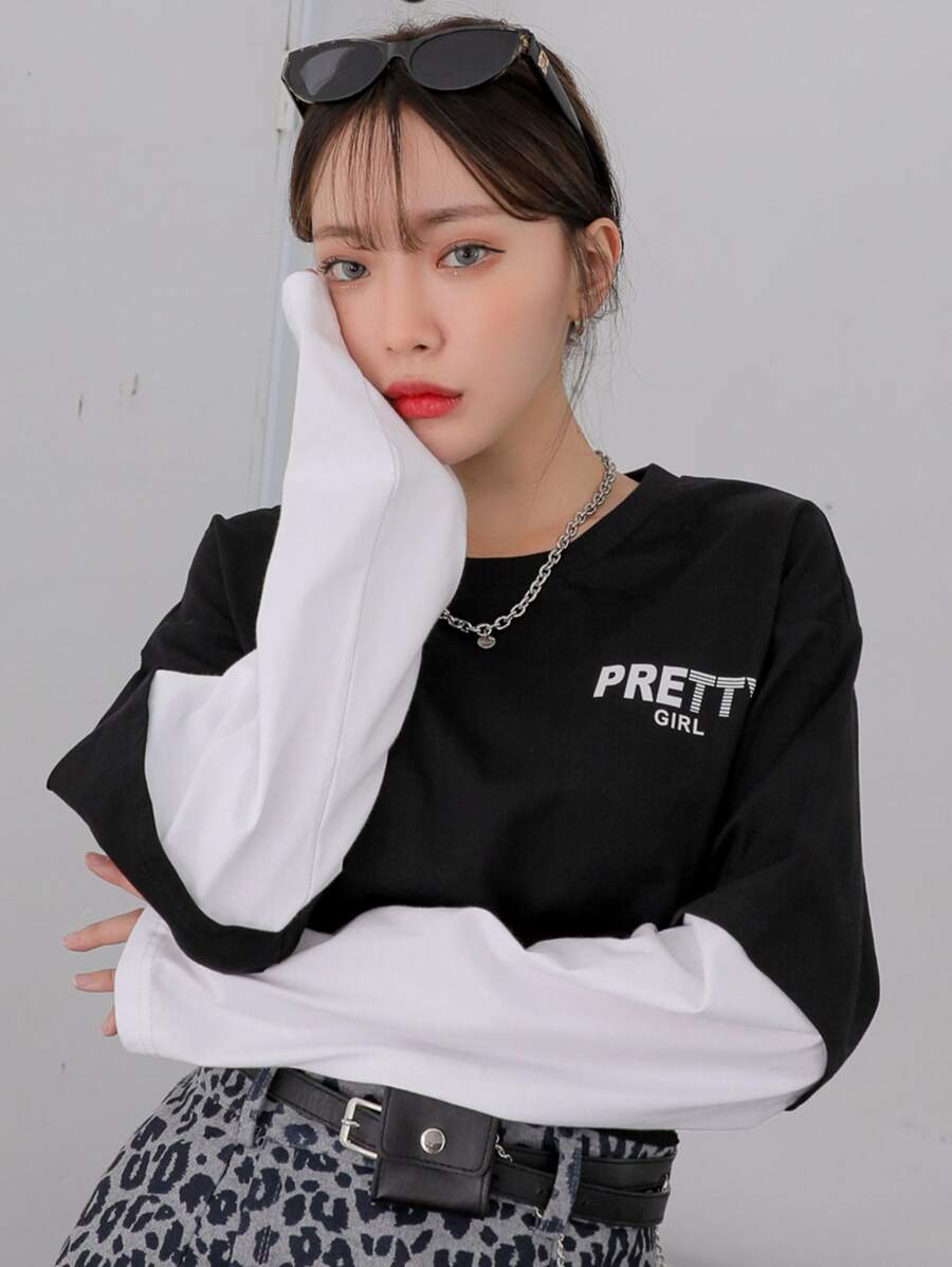 DAZY Camiseta 2 en 1 con estampado de letra - Negro - Ver 1