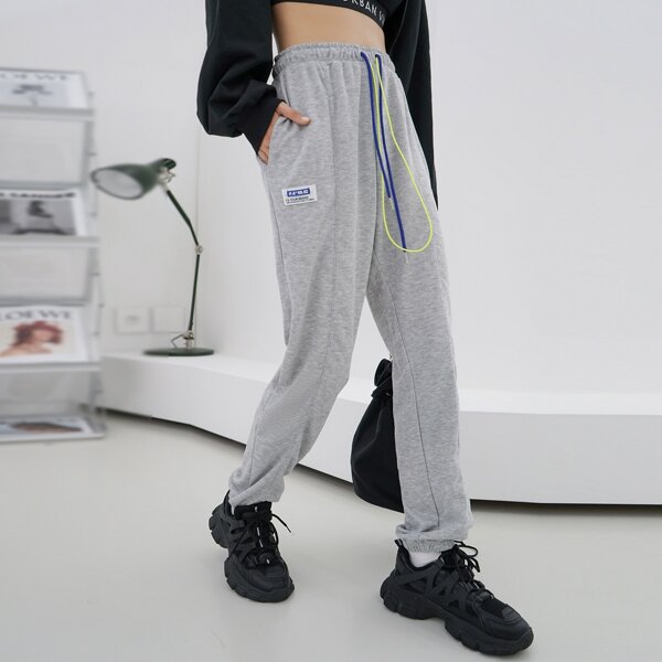 

Patched Detail Drawstring Waist Sweatpants, Grey