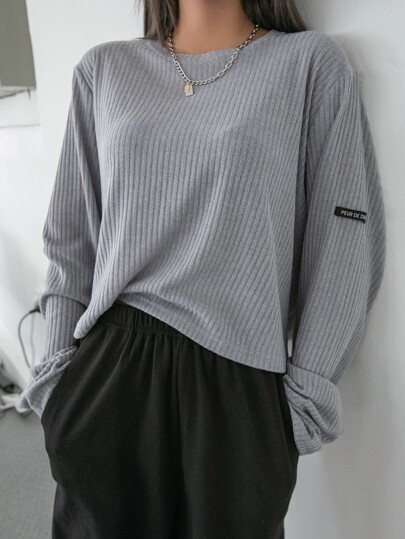 Camiseta con espalda de tulipán acanalada con parches, prenda de vestir de mujer de manga larga para otoño