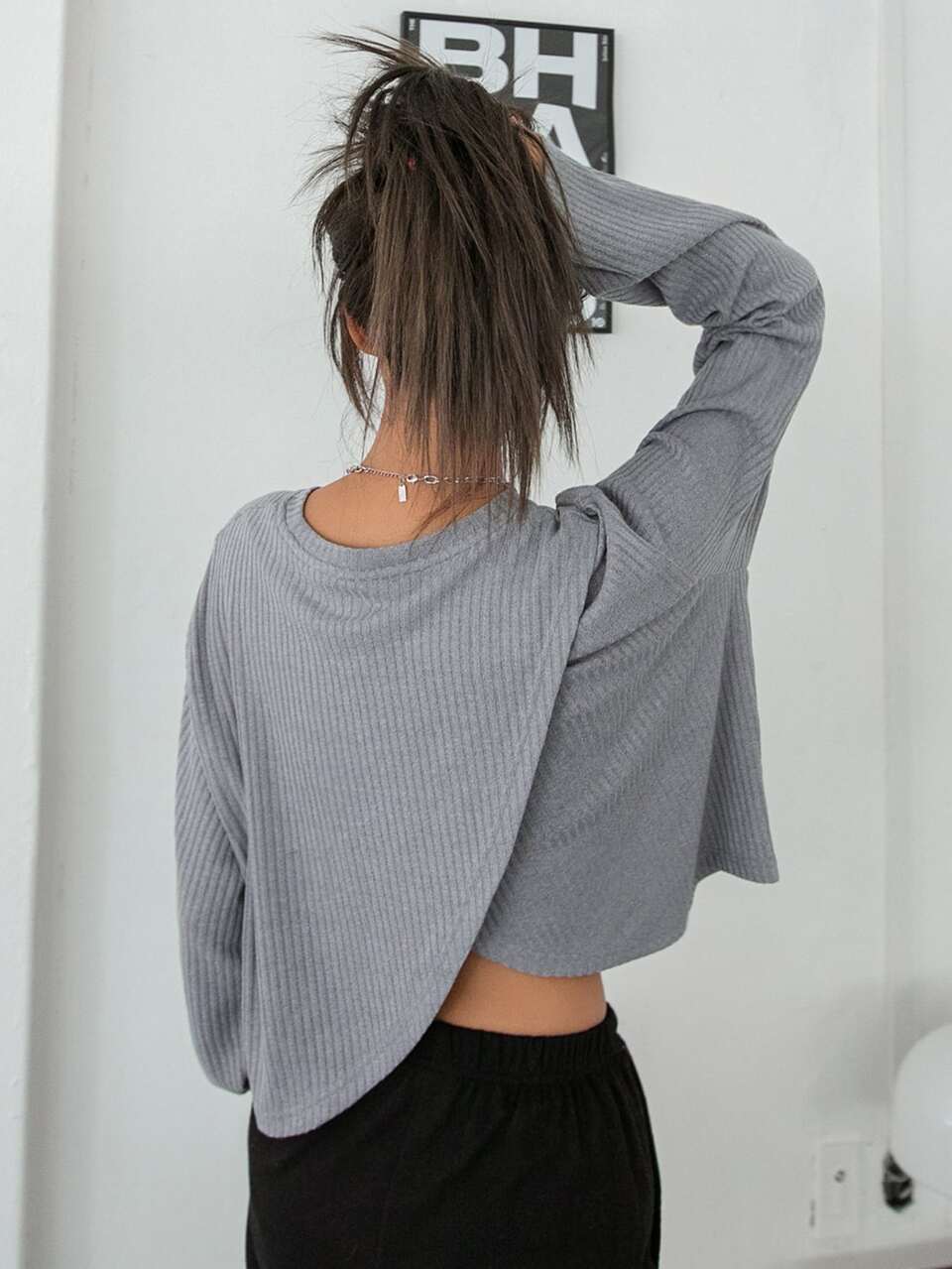 Patched Ribbed Tulip Back Tee,Fall Women Clothes Long Sleeve Top