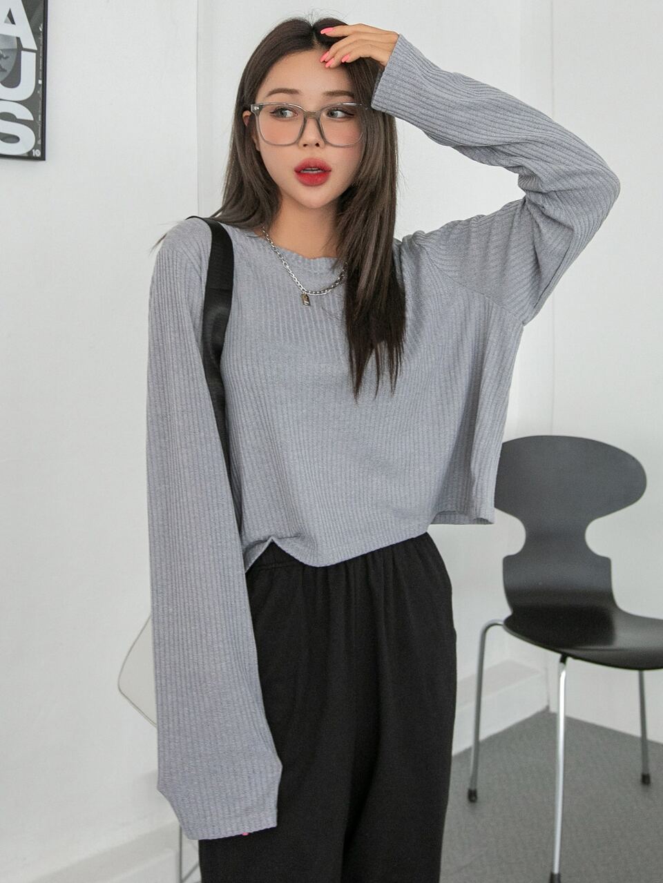 Patched Ribbed Tulip Back Tee,Fall Women Clothes Long Sleeve Top