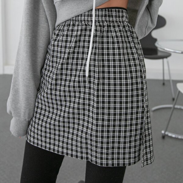 

Gingham Print Split Hem Skirt, Grey