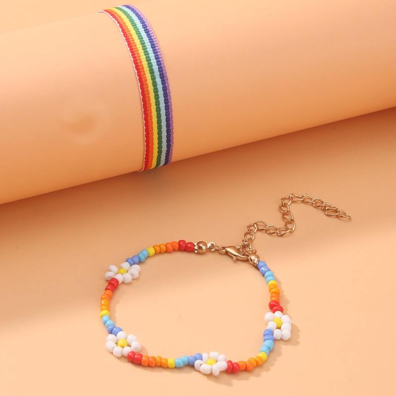 

2pcs Floral Beaded Bracelet, Multicolor