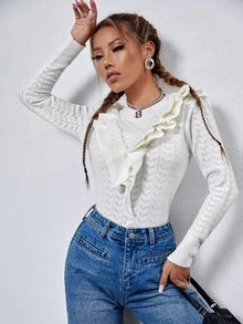SHEIN Essnce Exaggerated Ruffle Pointelle Knit Jumper - White - View 3